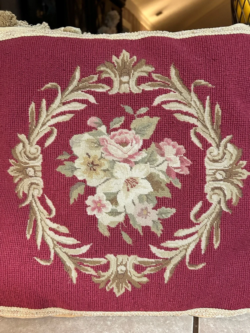 Vintage Pair Of Needlepoint Pillows Rose Bouquet Fringed Zip Closure 18 X 18